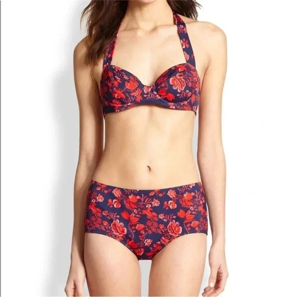 Pret-a-Surf Retro Halter Two Piece Bikini Bathing Suit in Red Blue Floral Toile - Picture 1 of 11